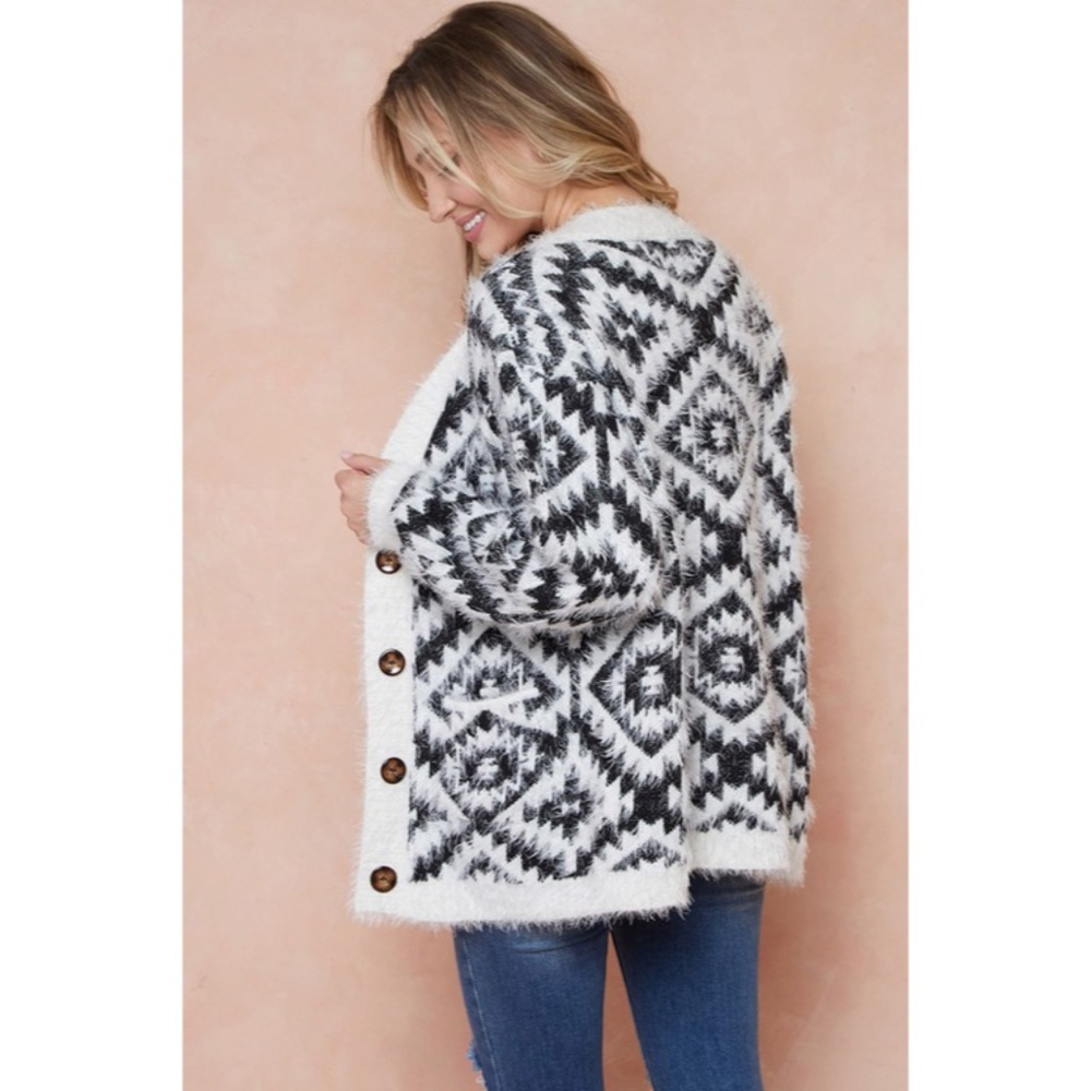 SOLD OUT Ivory & Black Fuzzy Soft Eyelash Aztec Tribal Button Up Knit Cardigan - Picture 3 of 9